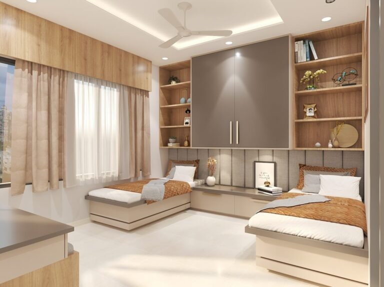 “Modern Twin Bedroom Design: Where Style Meets Smart Storage-by RK INTERIOR DESIGN”